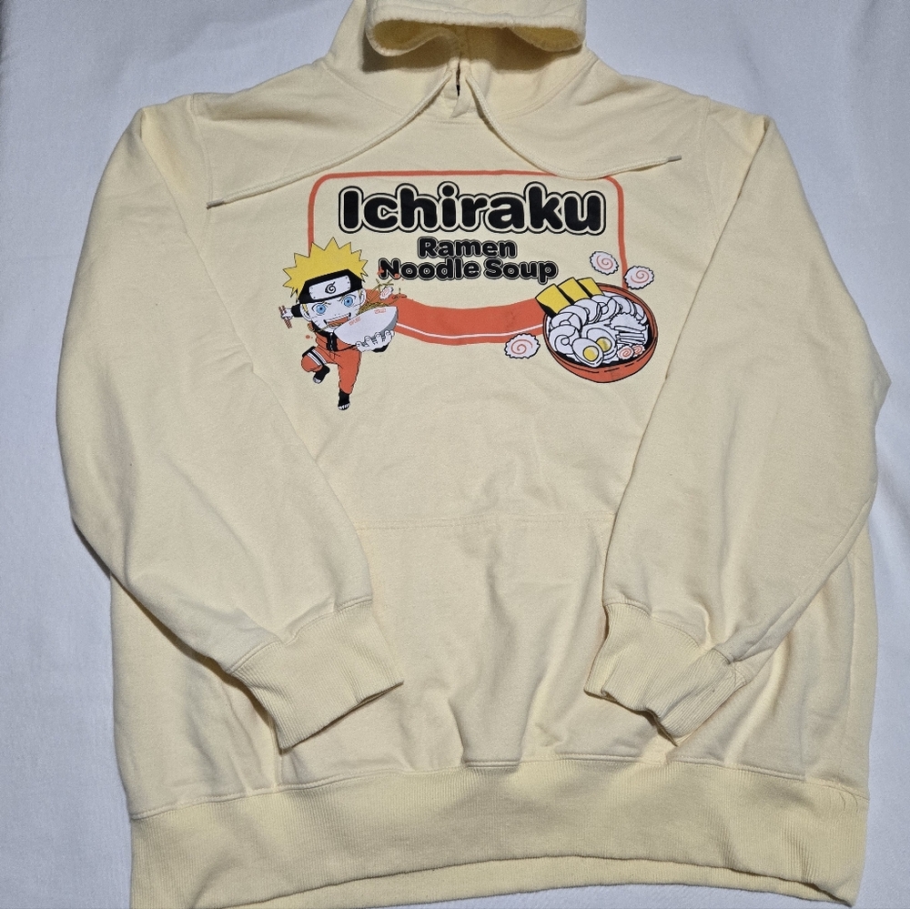Naruto Shippuden Collection Anime Ramen Pale Yellow Graphic Print Hoodie sz 2XL